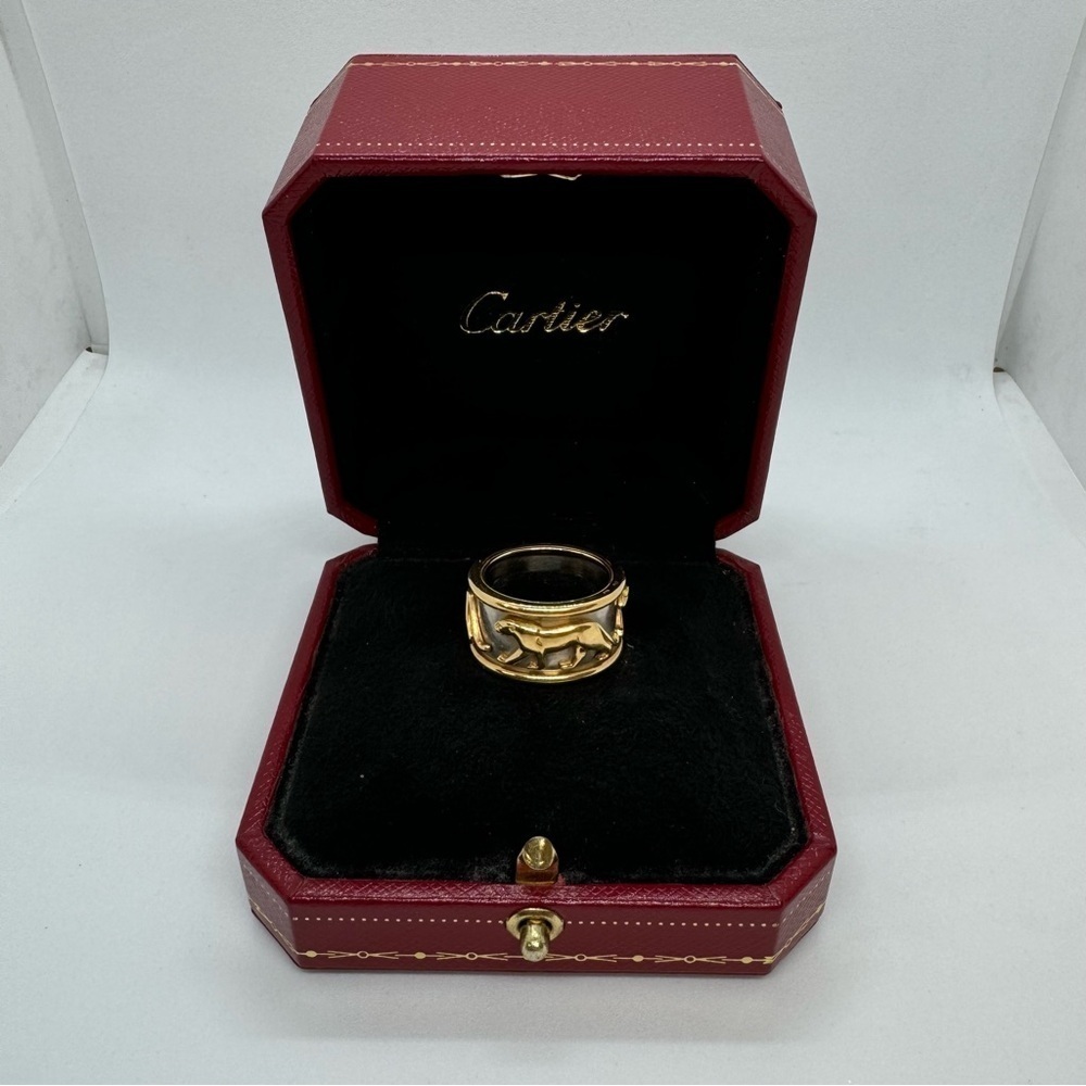 Cartier 18k White and Yellow Gold Walking Panther Mahango Ring Finger Size 6.5